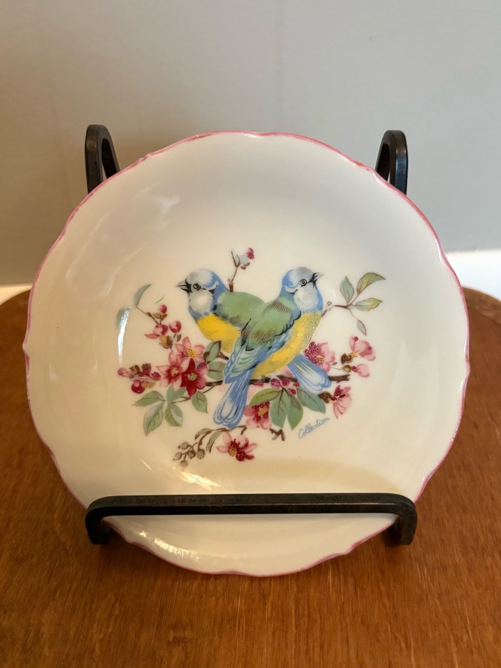 Porcelain Bird Decorative Plate in White and Pink